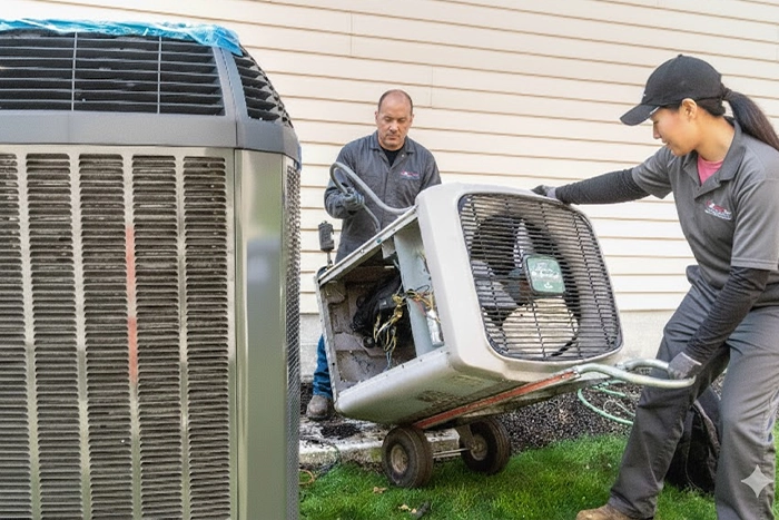 HVAC technician repairing AC unit